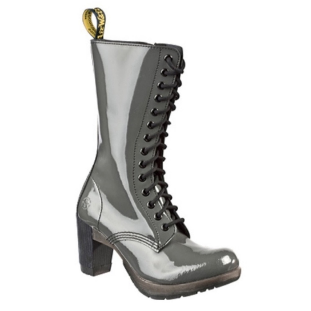 Dr DOC MARTENS Diva DEE Block Heel Boots Size 6 Super Rare Gray Patent Leather
